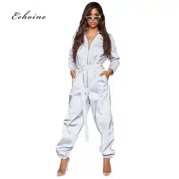 

Echoine Women Sport Jumpsuit Sliver Reflective Playsuit Fashion Cool Romper Sash Lace Up Zipper Long Pants Trendy Street Clothes
