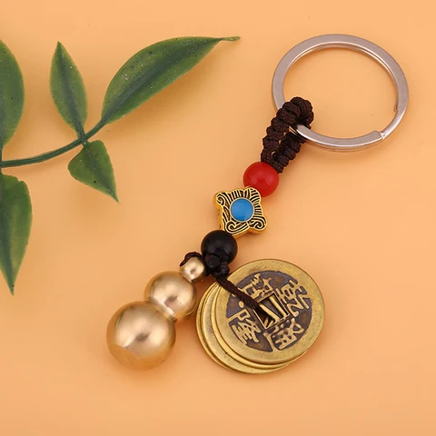 Keychain Charms Gold Gourd Five Emperors Fortune Coin Keychains Lucky Chinese Feng Shui Hanging Pendant Jewelry Key Ring