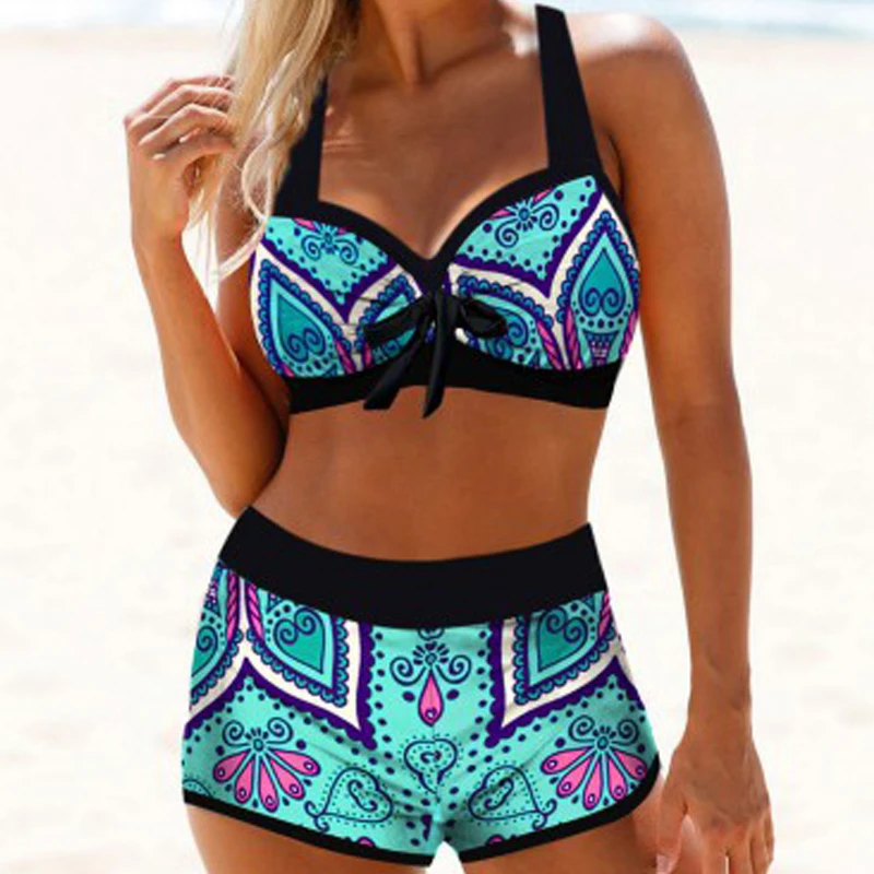 

Plus Size Split Bikini Set 2020 New Arrival Sexy Bowknot Halter High Waist Push Up Swimming Suit for Women Traje de Banho