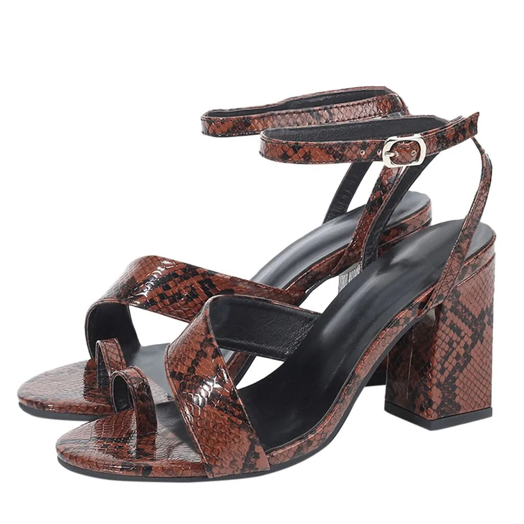 

2019 Women Sandals Snake Pattern High Heel Shoes Ladies Clip- Toe Belt Buckle Summer Breathable Party Shoes Brown Sandals New