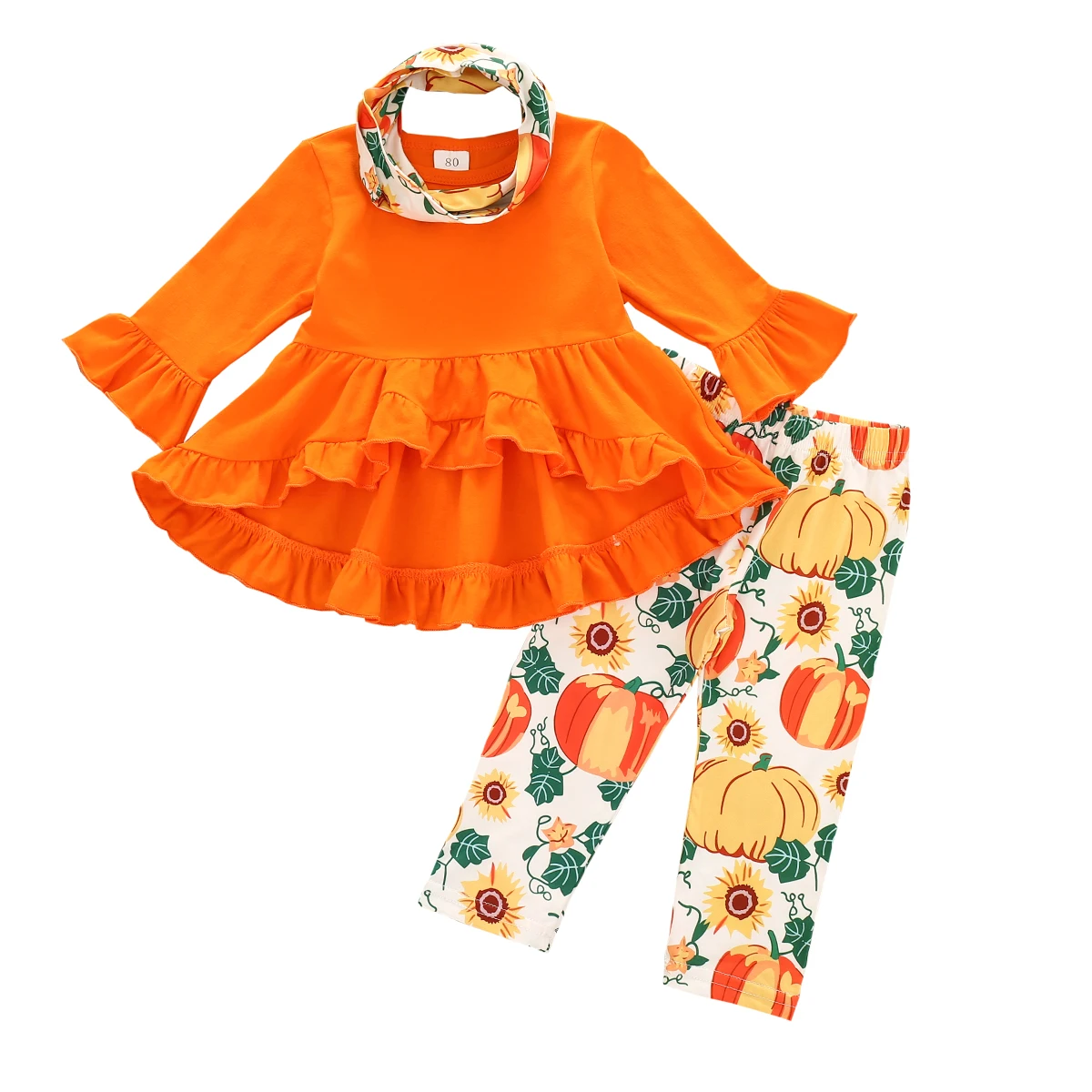 

Halloween Girlâ€™s Long-sleeved Trousers Suit Fresh Solid Color Ruffles T-shirt Pumpkin Elastic Funny Long Pants and Scarf 1-6Y