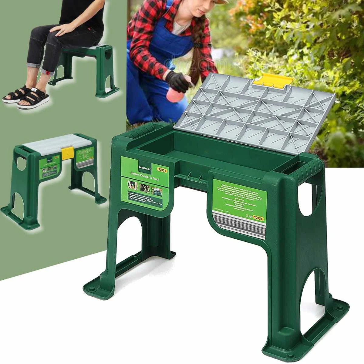 

Garden Kneeler And Seat With Storage Bin Stable Plastic Lightweight Garden Chairs Thicken Step Portable Garden Stools Green Grey