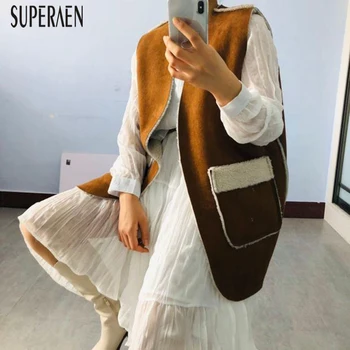 

SuperAen Europe Sleeveless Vests Coat Women Spring New 2020 Wild Casual Leather Vests Female Solid Color Wild Women Clothing