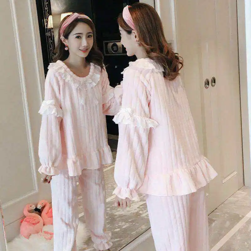 

2020Autumn and Winter New Coral Fleece Women's Pajamas Long Sleeve Home Service Thickened Sleep Tops Pijamas Women Sleepwear