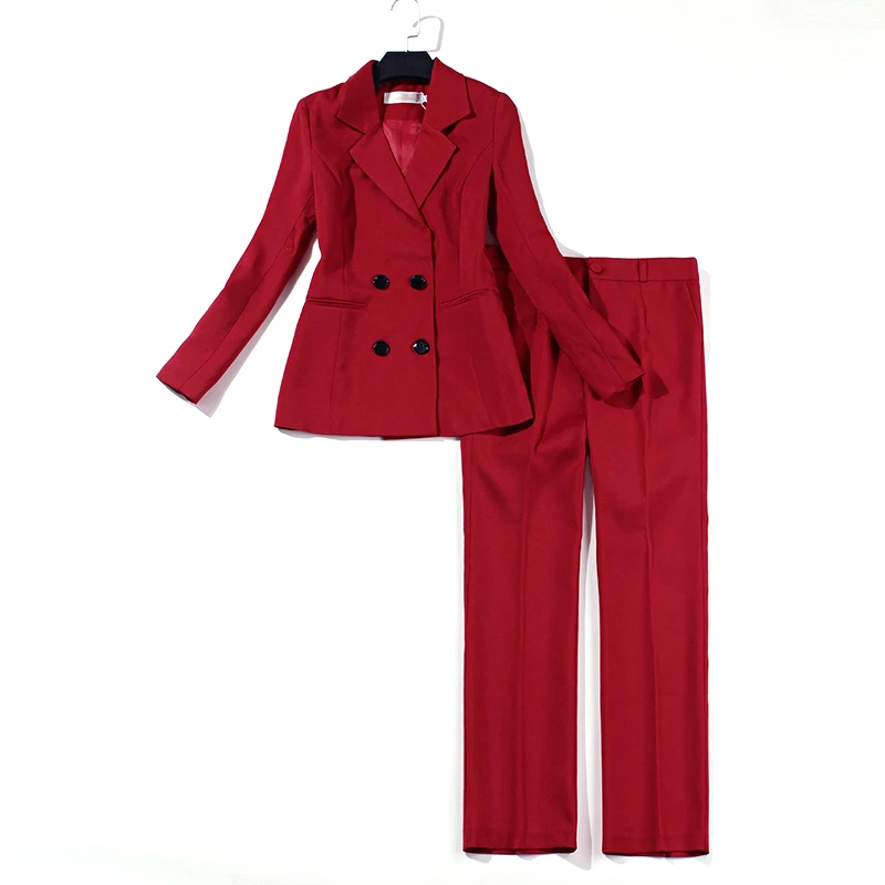 Женский костюм с брюками профессиональный офисный модный двубортный красный