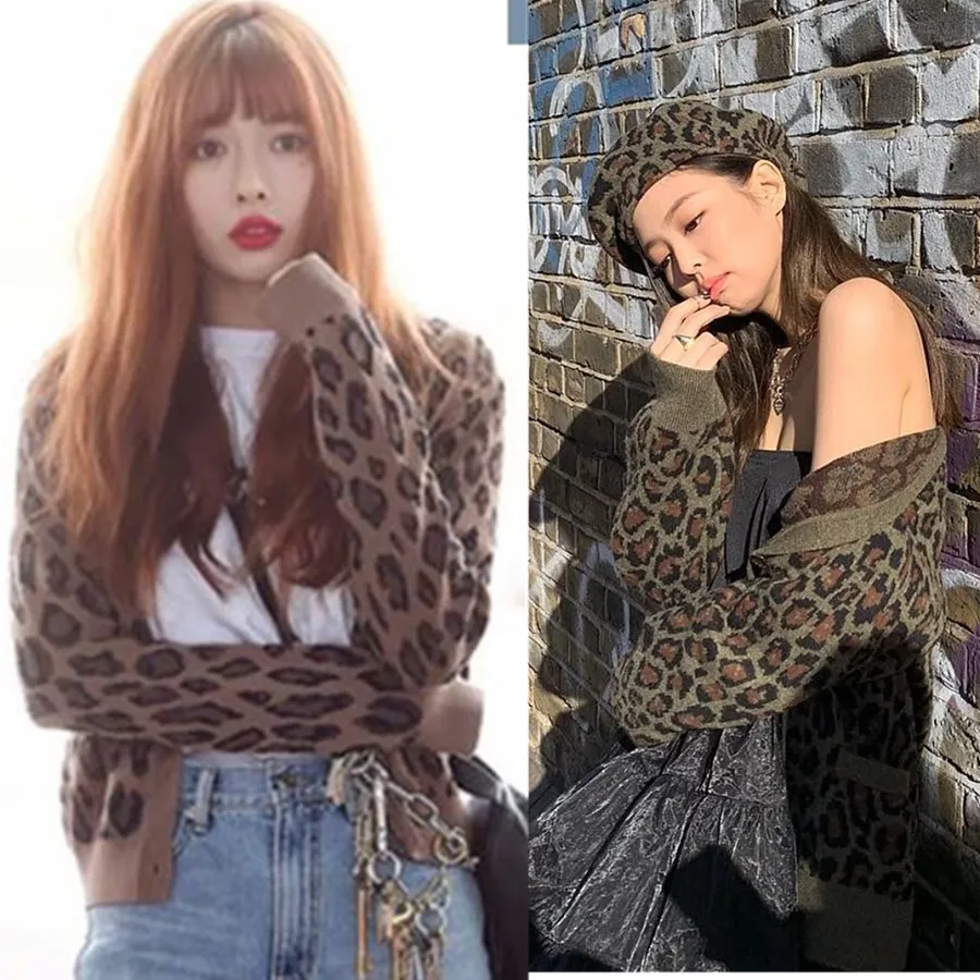 Kpop Черный Розовый Дженни же Осень Леопардовый длинный рукав вязаный кардиган свитер Леди Уличная мода дикие свитера Женское пальто