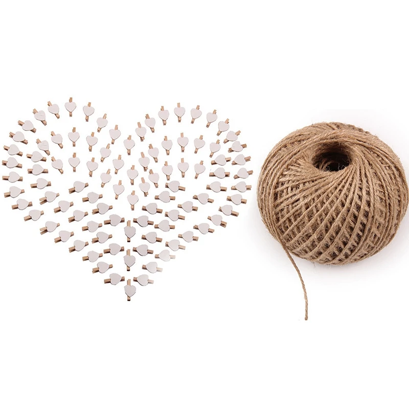 White and coffee 100 шт. прищепки для одежды 100 м пеньковая веревка бесшовные гвозди прищепки зажимы офисные декоративные аксессуары для вечеринок фото подвешивание - Цвет: White and coffee