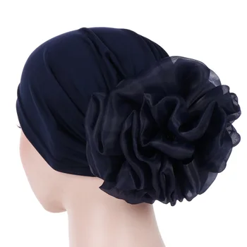 

Muslim monochromatic big flower headscarf hat European and American milk silk baotou hat plate flower hats for women