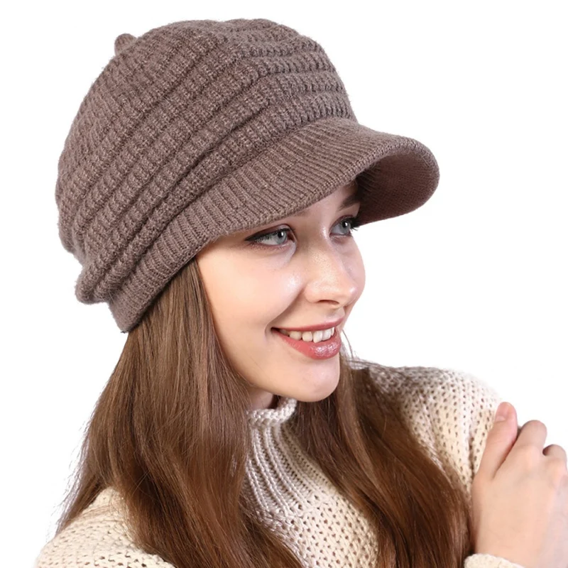 Зимние вязаные козырьки, одноцветная шапочка, мягкая теплая шапка из кроличьего меха для женщин, новинка