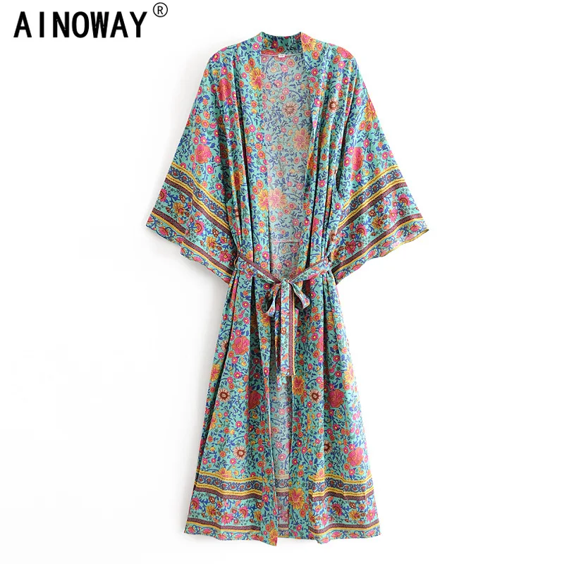 Bohemian Kimono Boho Dress Robe Batwing-Sleeves Floral-Print Chic Vintage V-Neck Women
