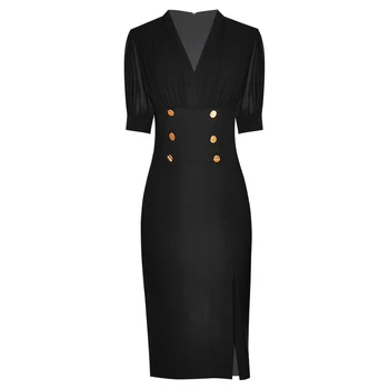 

HIGH STREET 2020 Designer Runway Dress Women's v-neck short sleeve Slim Fitting Patchwork Slit Dress