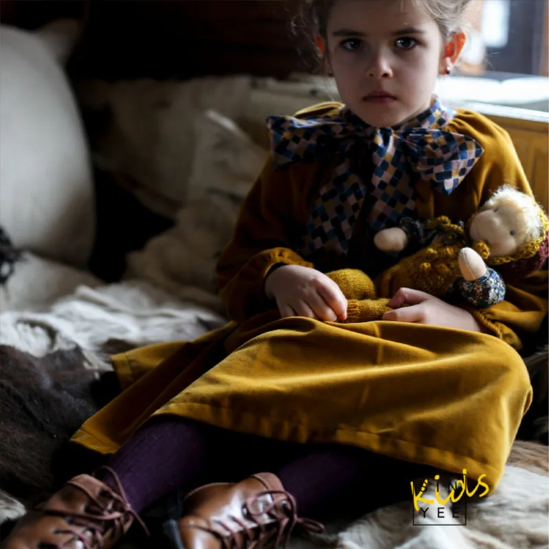 EnkeliBB, высококачественное желтое бархатное платье-пачка, Калинка, детское винтажное платье на зиму и весну, модное платье для детей