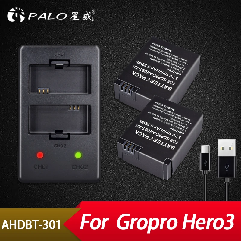 Palo 2 шт. Аккумулятор для камеры 3 7 в + двойное зарядное устройство USB Gopro Hero 3/3