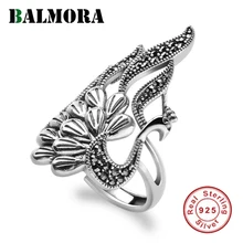 BALMORA, 925 пробы, серебряная мозаика, Павлин, изменяемые размеры, кольца для женщин, животное, широкий палец, кольцо, Винтаж, тайское серебро, ювелирное изделие