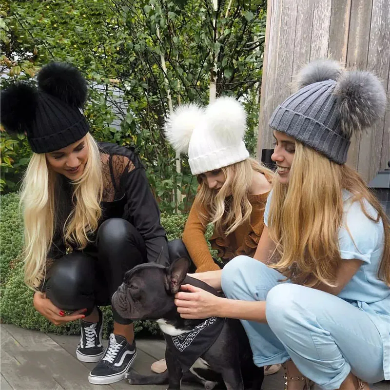 Winter Real Fur Ball Beanie Hat for Women Ladies Fluffy Double Natural Raccoon Fur Pom Pom Skullies Beanie Hat With 2 Fur Pompom 6