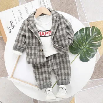

Spring Polyester Plaid Suit Infant British Suit Jacket Trousers Single Breasted Two-piece w