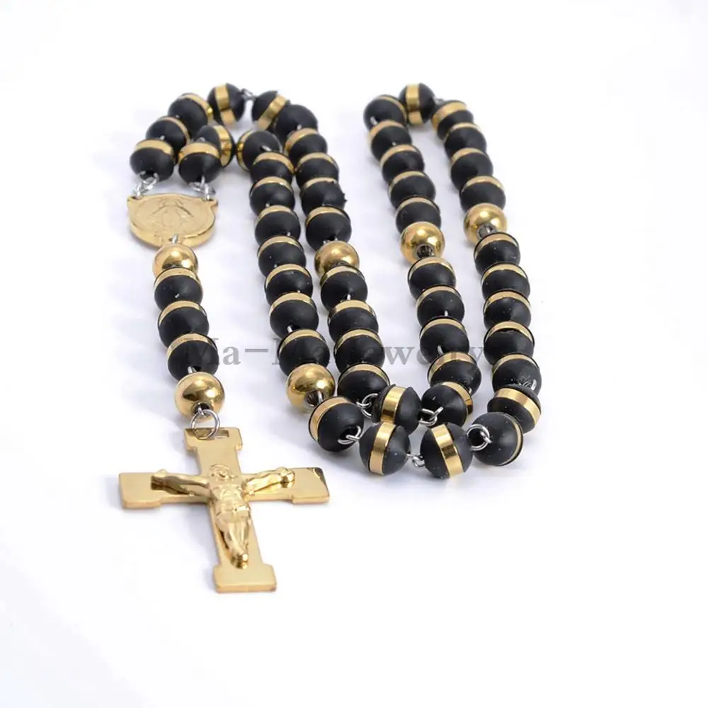 Mens or Womens Jewelry Black Gold Stainless Steel 8mm Silicone Rosary Chain Cross Pendant Necklace 28