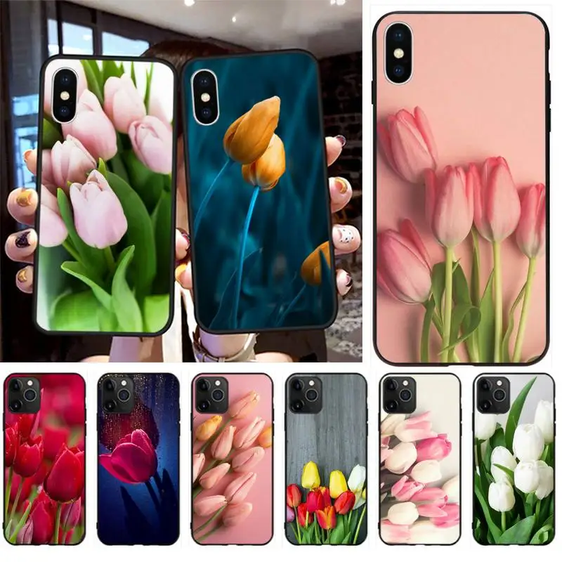 Мягкий черный чехол для телефона с цветком тюльпана iphone 12 pro max 11 XS MAX 8 7 6 6S Plus X 5S SE