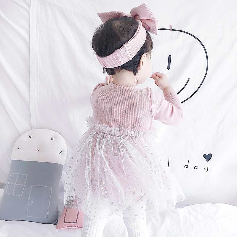 Autumn New Children's Princess Dress Korean Baby Girls Star Mesh Crown Long-sleeved Dresses Pink Tutu Dress Matched Headband Set
