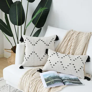 

White Black Cotton Cushion Cover With Tassels Cut flowers Pillow Cover 45x45cm/30x50cm Sofa Bed Home Decoration