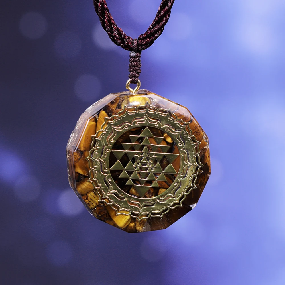 Orgonite Necklace Sri Yantra Pendant Sacred Geometry Tiger Eye