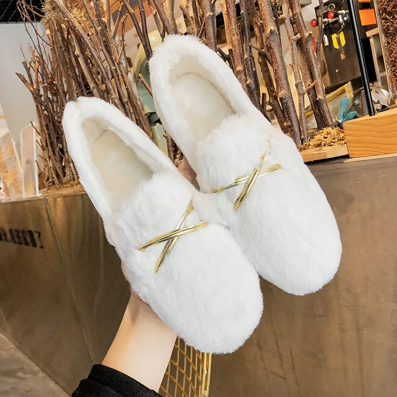 

New Peas Shoes Female Winter Students Flat Cotton Shoes of The Wild Set of Feet Shallow Mouth Plus Velvet Sapato Feminino W36-70