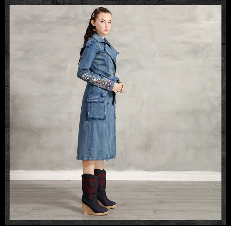 Women's Denim Windbreaker Winter New Long Coat Coats Europe and America double-breasted Slim Denim Jacket Female 5094