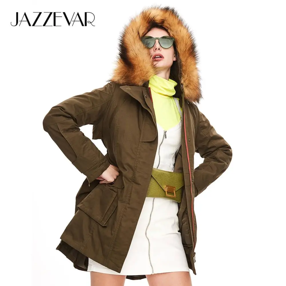 JAZZEVAR Новинка зимняя куртка пальто женские парки армейский зеленый большой воротник из меха енота с капюшоном женская верхняя одежда свободная одежда