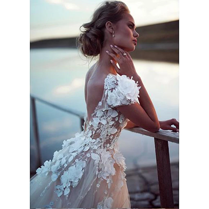 Champagne Boho Wedding Dresses luxury Sexy Backless Princess Bridal Dress Lace Appliques 3D Flowers Beach Long Wedding Gown 4
