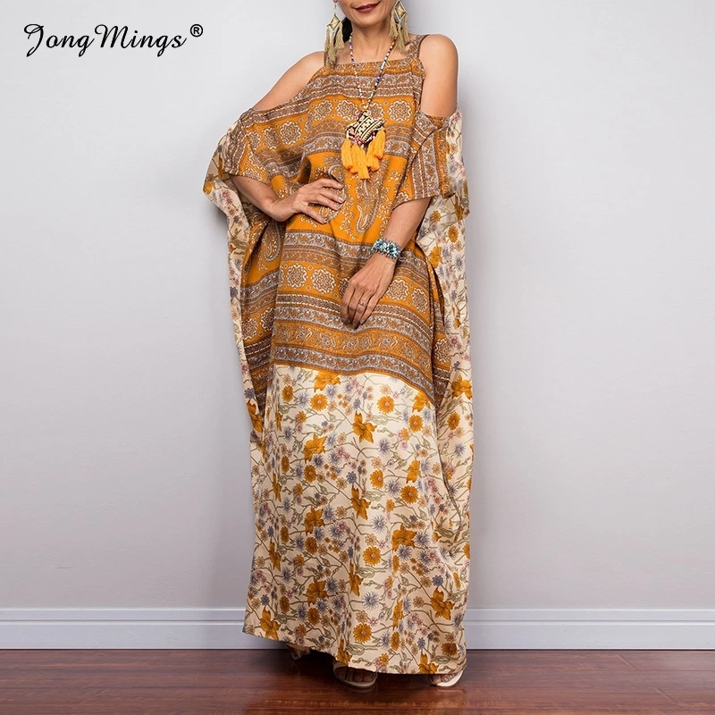 

Womens Off The Shoulder Long Maxi Dress Retro Print Summer Spring Loose Plus Size Robe Dresses Traditional Style Long Dresses
