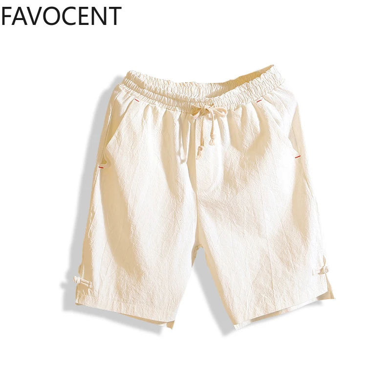 Модные брендовые хлопковые и льняные шорты, мужские свободные пляжные штаны, повседневные корейские льняные укороченные дышащие спортивные штаны