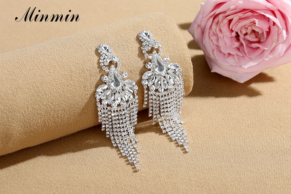 Minmin блестящие серебряные свадебные серьги с большими кисточками, великолепные висячие серьги с цветами, Женские аксессуары для выпускного вечера EH1642