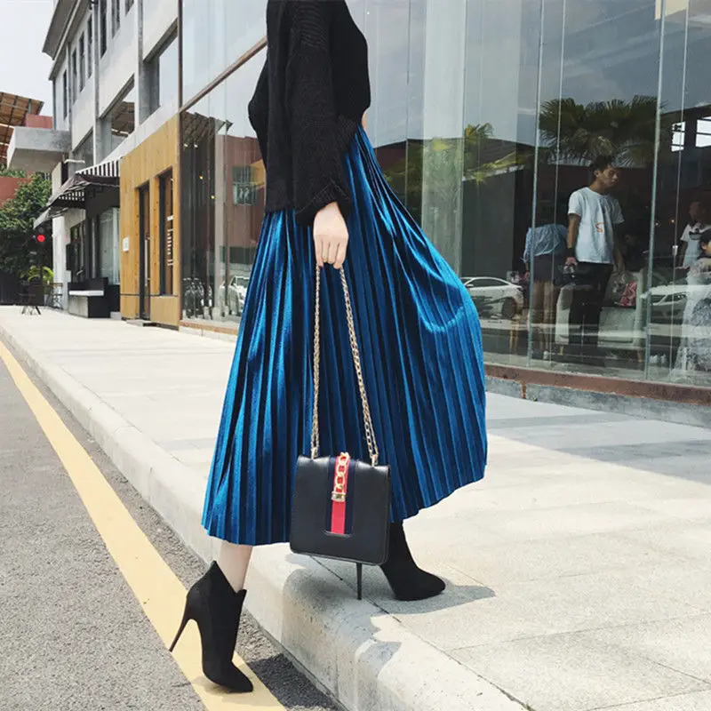 Винтажная Женская плиссированная длинная юбка с металлическими серебристыми вставками больших размеров, высокая талия, Повседневные Вечерние юбки-макси из эластичной ткани, корейская мода - Цвет: Синий