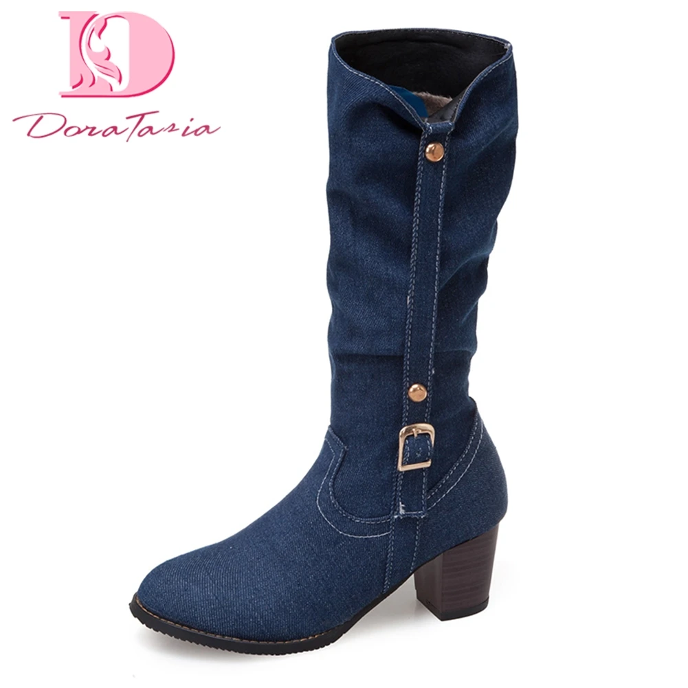 

Doratasia 2019 Large Size 34-48 Mid Calf Boots Women Shoes Slip On Chunky Heels Add Fur Warm Winter Shoes Woman Boots Female