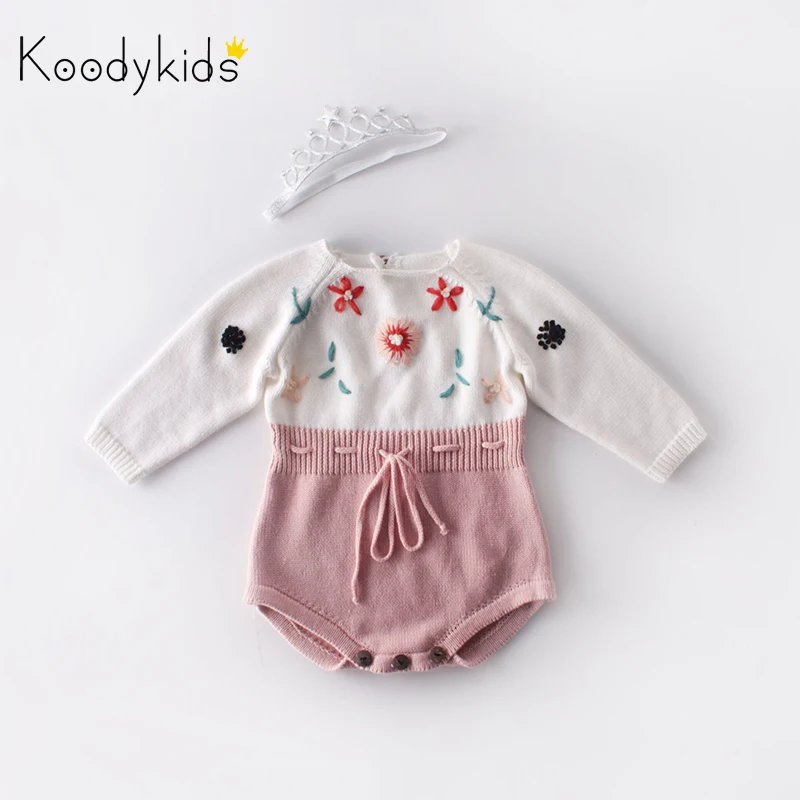Koodykids/весенне-осенние трикотажные боди для маленьких девочек; детские вязаные комбинезоны ручной работы; одежда с цветочным рисунком для маленьких девочек; трикотажные комбинезоны