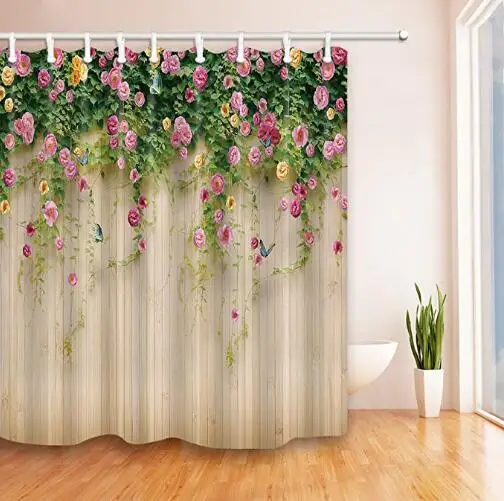 Rose Flower Butterfly On Rustic Wooden Background Shower Curtains With Hooks Waterproof Bathroom Decor Gift Shower Curtains Aliexpress