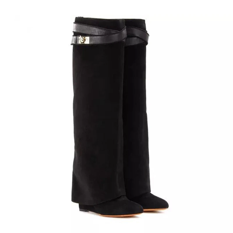 Autumn Winter New Woman Leather Botas Mujer Wedge Shark Lock Women Knee High Boots Slip-on Fold Over Lady Motorcycle Boots