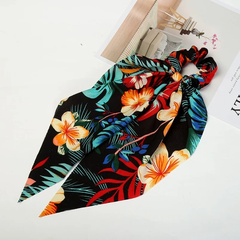 Bohemian Chiffon Flower Shrink Scarf Hair Band Ponytail Entrainment Bow Floral Print Hair Bundle Rope