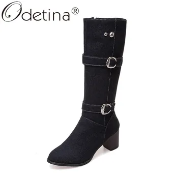 

Odetina Fashion Women Chunky Block Mid Heel Buckle Strap Mid Calf Boots Winter Comfort Denim Boots Metal Decoration Plus Size 48