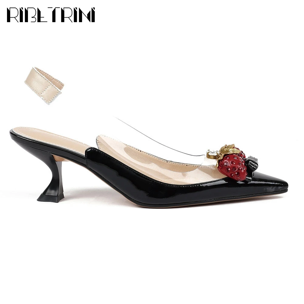

RIBETRINI Brand New Ladies Fashion Decoration Pointed Toe Summer Shoes Woman Genuine Leather Sandals Women Party Sandals