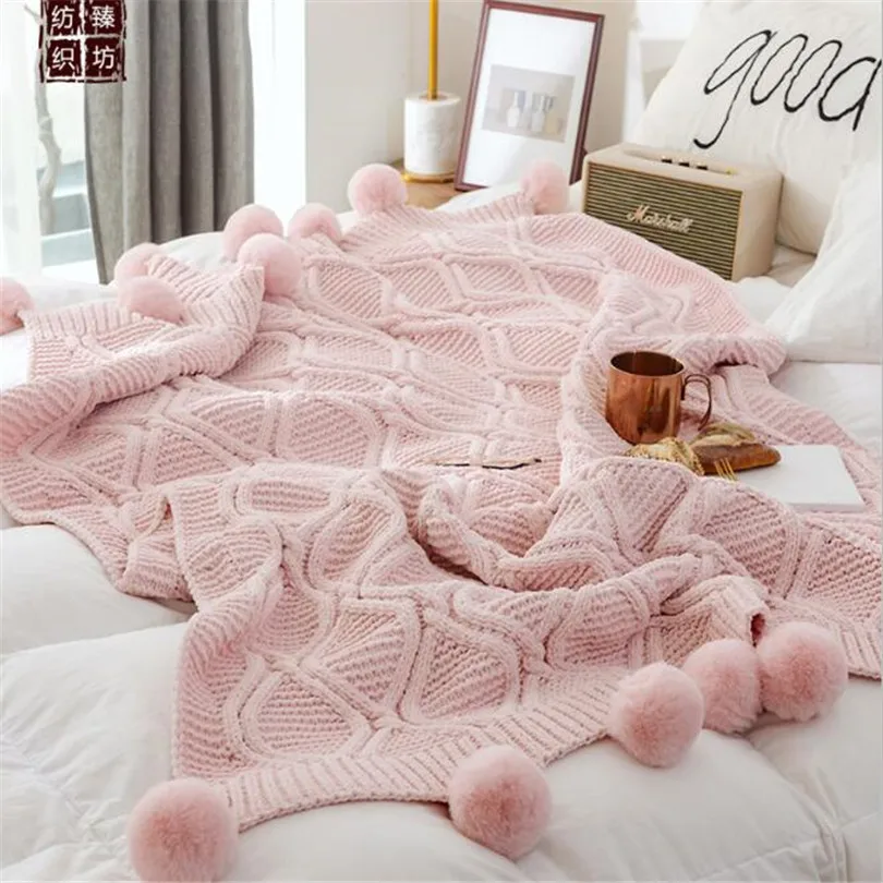 Soft Cotton Blanket Rug Bed Sofa Reversible Pom Pom Knitted Throw Baby/Crochet@@ 