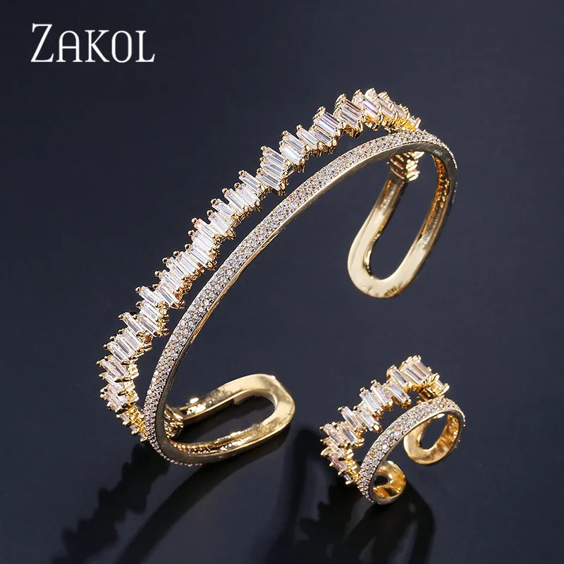 ZAKOL, Новое поступление, набор ювелирных изделий круглой формы, изысканный микро-Браслет-манжета, браслет и кольцо, набор, бижутерия, FSSP376 - Окраска металла: Set Gold
