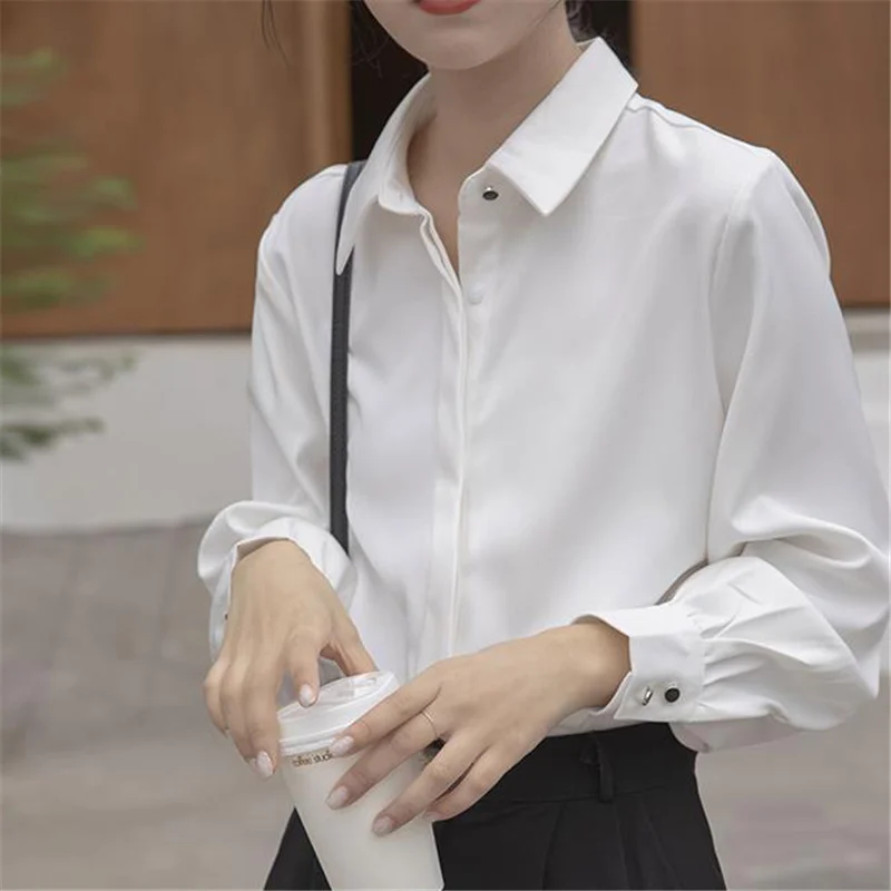 Aelegantmis Soft Office Lady White Shirt for Women Blouse Turn-down Collar OL Woman Blouse Covered Button Design Femme Tops New 2