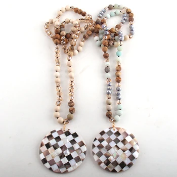 

RH Fashion Bohemian Tribal Jewelry Crystal / Stone Long Knotted Shell Masek Pendant Necklaces For Women Jewelry