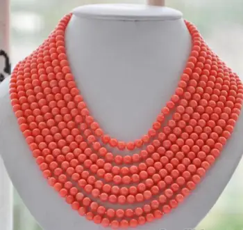 

Jewelry Pearl Necklace 8strands Real 6MM round pink coral bead necklace 16"-22"inch Free Shipping