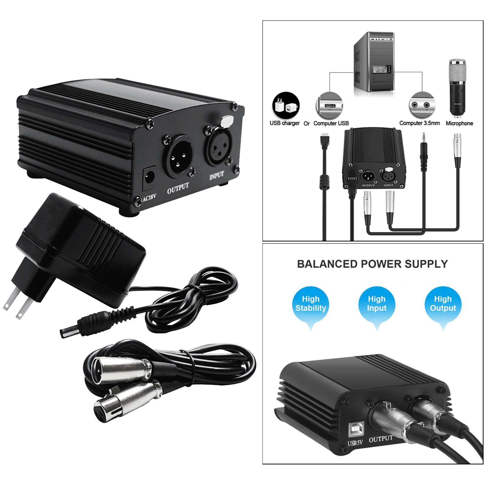 48V Phantom Power Supply Powered+XLR 3 Pin Cable for Condenser Microphone,Music Recording Equipment