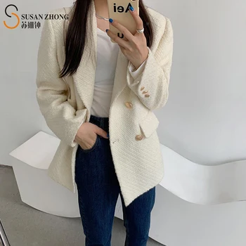 

Women Coat Female Blazer Suit Wool Autumn Notched Collar Cuff Lining Delicate Tailored Stiff Tweed Metallic Buttons Back Slit