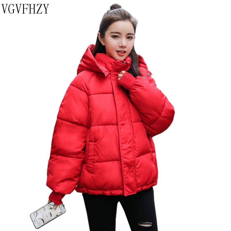 

Women Coat 2019 Winter Jacket Women Loose Short Down cotton Coat Hooded Down cotton Jacket red Thick Warm Down Parka