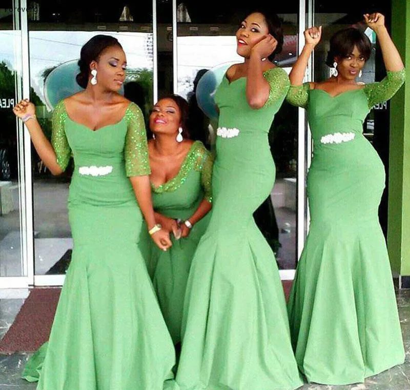 African Style 2017 Cheap Mermaid Bridesmaid Dresses Aqua Green Bridesmaids Dresses Half Long Sleeves Crystal Maids Honor Gowns For Weddings 94