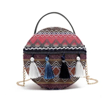 

1 PC Ethnic Tassel Round Shoulder Bag Women Girls Woven Crossbody Messenger Top-handle Bag Dropship New Arrival